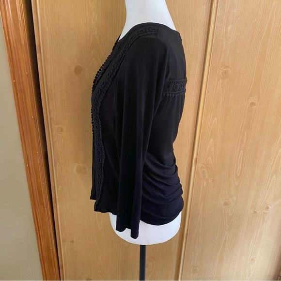 Meadow Rue • Crochet Trimmed Rayon V-Neck 3/4 Sleeve Blouse in Black - Picture 7 of 11